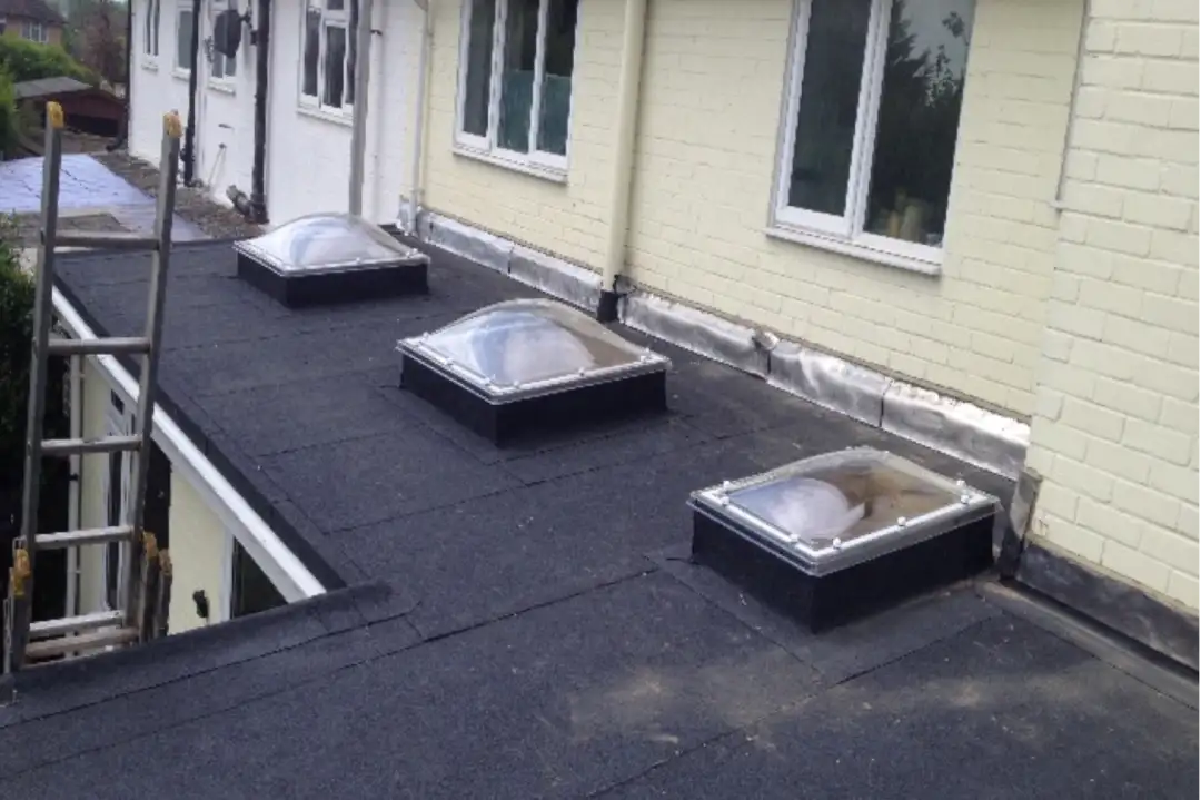 Three domed rooflights on a new dark flat roof beside a house